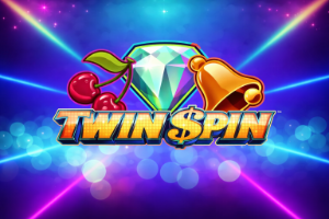 An image of a blue, green, pink background with laser and circle effects, in the centre is bold orange text saying TWIN SPIN with a giant cherry, bell and diamond above it