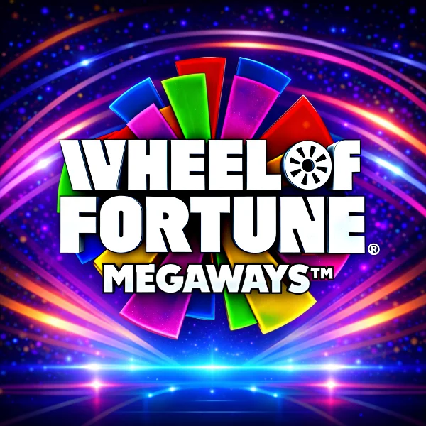 An image of a blue background with neon pink, orange, purple and blue laser effects and in the centre is the giant WHEEL OF FORTUNE MEGAWAYS logo with the multi coloured background and camera reel on the O