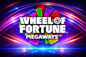 An image of a blue background with neon pink, orange, purple and blue laser effects and in the centre is the giant WHEEL OF FORTUNE MEGAWAYS logo with the multi coloured background and camera reel on the O