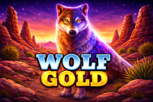An image of a brown and purple wolf against a purple and brown rocky mountain background at sunet with bold blue, white and gold text saying WOLF GOLD across the centre