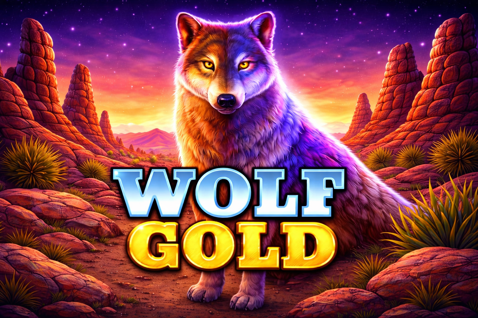 An image of a brown and purple wolf against a purple and brown rocky mountain background at sunet with bold blue, white and gold text saying WOLF GOLD across the centre
