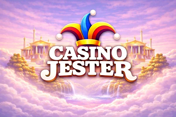 Casino Jester logo with bold white text on a black background, topped by a colourful jester hat in red, yellow, and blue.