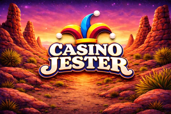Casino Jester logo with bold white text on a black background, topped by a colourful jester hat in red, yellow, and blue.