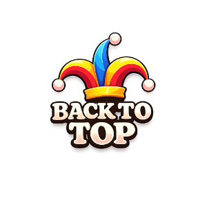A small red, yellow and blue jester hat on a blck background with text underneath in white bold saying BACK TO TOP