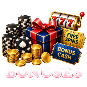 Bonuses nav icon with gold coins, poker chips and a slot reel