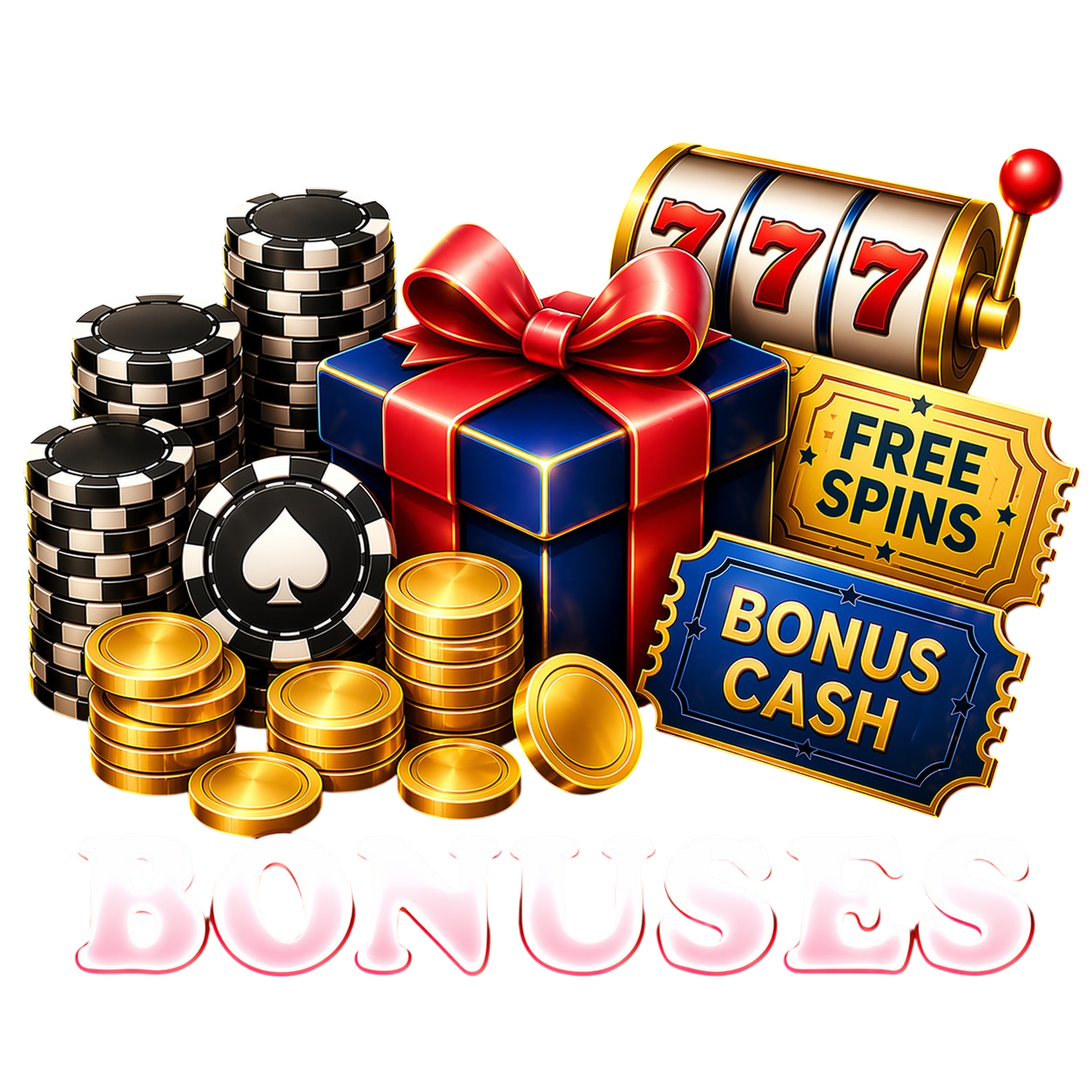Bonuses nav icon with gold coins, poker chips and a slot reel