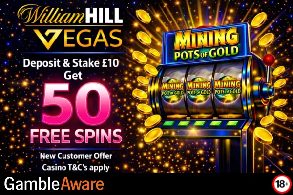 William Hill Casino monthly bonus offer with colourful graphics and promo text on a vibrant background.