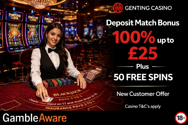 Genting Casino monthly bonus offer with colourful graphics and promo text on a vibrant background.