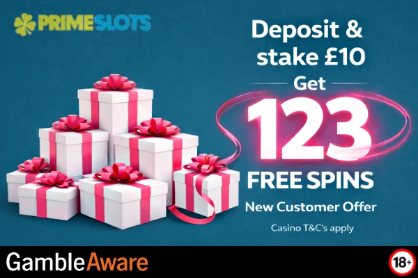 Prime Slots Casino monthly bonus offer with colourful graphics and promo text on a vibrant background.