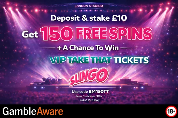 Slingo Casino monthly bonus offer with colourful graphics and promo text on a vibrant background.