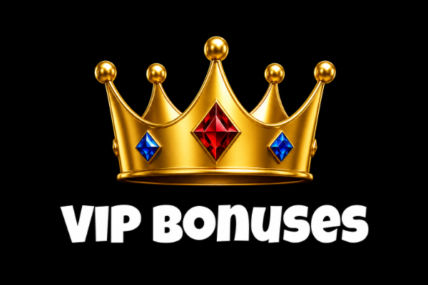 A black background with a gold crown, blue and red gems and bold text saying VIP BONUSES in white