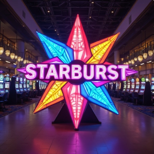 A giant star in a casino with points in pink, yellow, blue and purple and STARBURST written across the front in bold purple text