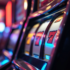 A casino room with a close up of a slot machine