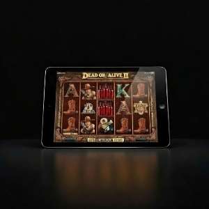 A black background with an ipad showing an online slot game with cowboy roots and sheriff badges on the reels