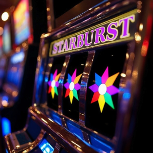 A close up of a slot machine in a casino, on the reels are three stars like in the Starburst game