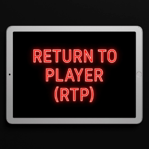 A black background with a silver ipad in the centre of the image with RETURN TO PLAYER (RTP) written on it in neon red text