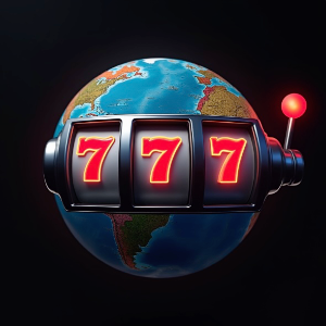 Black background with a giant picture of the world, infront of the worls map is a slot machine reel with three matching 7s on the reels