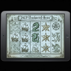 An image of a silver ipad on a black background, on the screen is an image similar to the 1429 Uncharted Seas slot game