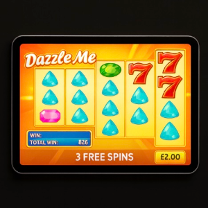 An image of a silver ipad on a black background, on the ipad screen is an online slot game similar to Dazzle Me