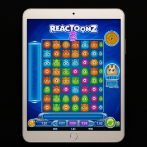 An image of a silver ipad on a black background, on the screen is an online slot game similar to Reactoonz 2
