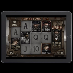 An image of a silver ipad on a black background, on the screen is an online slot similar to Tombstone RIP