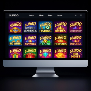An image of a pc monitor on a black background, on the screen is a variety of slingo styles games to play online