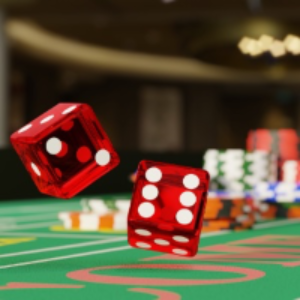 The background is a craps table with poker chips stacked and two red dynamic dice rolling in the centre of the image