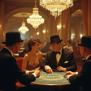 A group of men and a woman sitting in an old fashoined casino dressed smartly paying at a games table together