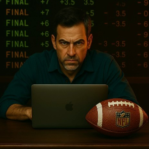 A man sitting in front of a laptop with green code computer language all over the wall behind him
