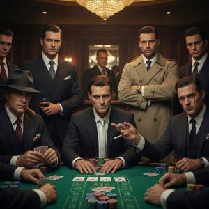 A group of mobster looking men sitting around a live dealer table together