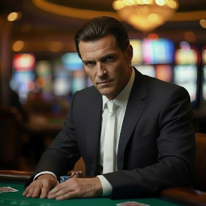 A man sitting at a live dealer table looking sharp in a black suit, white shirt with a white tie set in a casino
