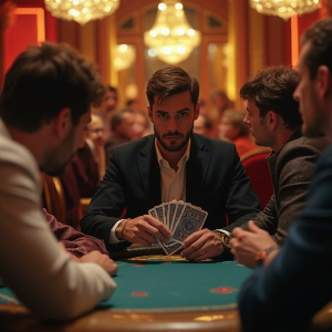 Set in a casino, a man sitting at a games table looking very serious surrounded by friends