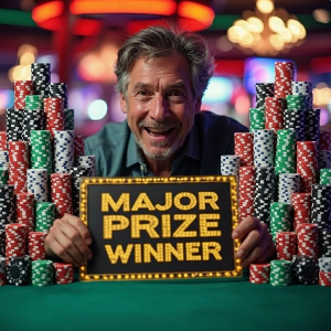 A man sitting at a green felt table in a casino with a sign saying MAJOR PRIZE WINNER surrounded by stacks of poker chips