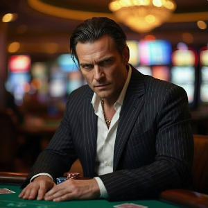 The background is set in a casino, there is a sign on the table saying TOP 10 BIOGRAPHIES OF FAMOUS GAMBLERS