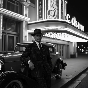 A man standing outside a casino leaning against his car, thr image is black and white