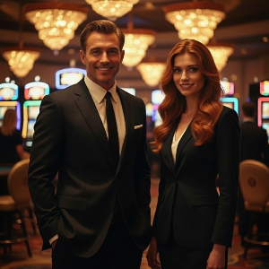 A dark haired male and red haired female pair of casino hosts standing in the casino smiling