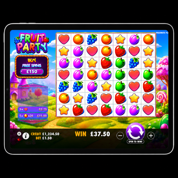 A silver ipad on a black background with a FRUIT PARTY online slot image on the screen