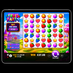 A silver ipad on a black background with a FRUIT PARTY online slot image on the screen