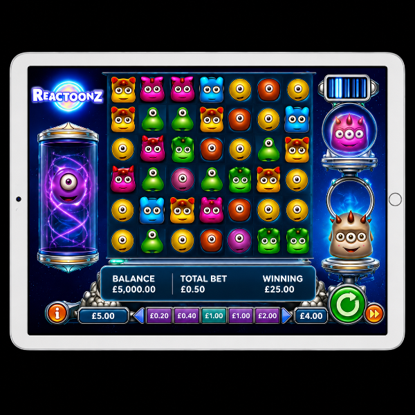 An image of a silver ipad on a black background with a REACTOONZ online slot game image on the screen