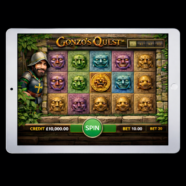 An image of a silver ipad on a black background with a GONZO'S QUEST online slot image on the screen