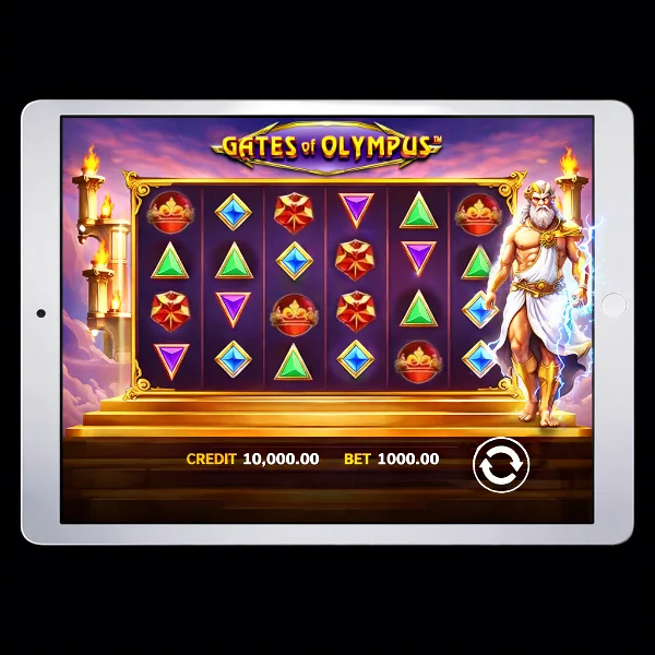 An image of a silver ipad on a black background with a GATES OF OLYMPUS slot game image on the screen