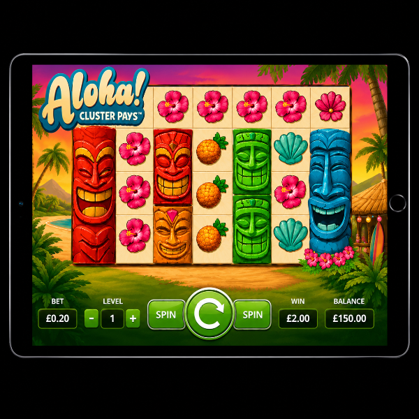 An image of a silver ipad on a black background with an ALOHA CLUSTER PAYS image on the screen