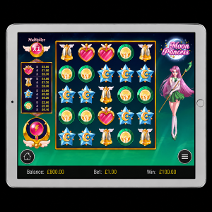 An image of a silver ipad on a black background with a Moon Princess image on the screen