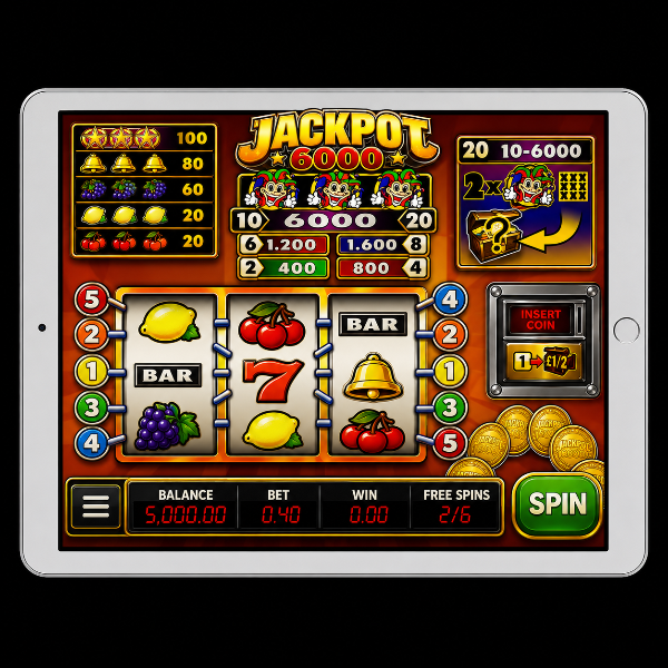 An image of a silver ipad on a black background with a JACKPOT 6000 image on the screen