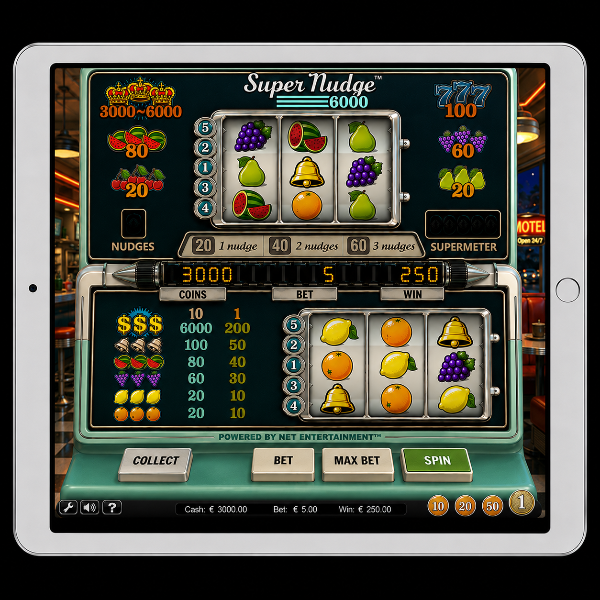 An image of a silver ipad on a black background with a SUPER NUDGE 6000 image on the screen