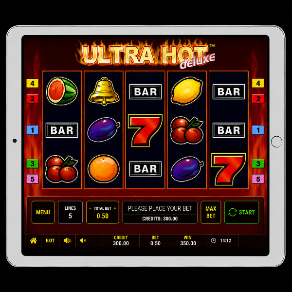 An image of a silver ipad on a black background with an ULTRA HOT DELUXE image on the screen