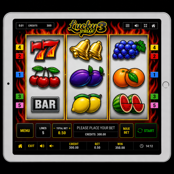An image of a silver ipad on a black background with a LUCKY STREAK 3 online slot game image on the screen