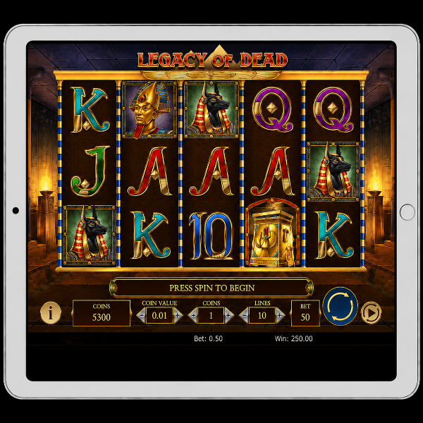 An image of a silver ipad on a black background with a LEGACY OF DEAD image on the screen
