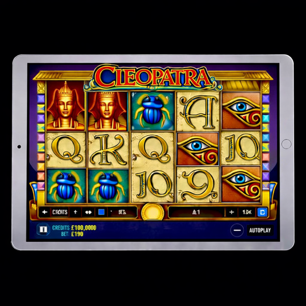 An image of a silver ipad with a CLEOPATRA online slot game on the screen