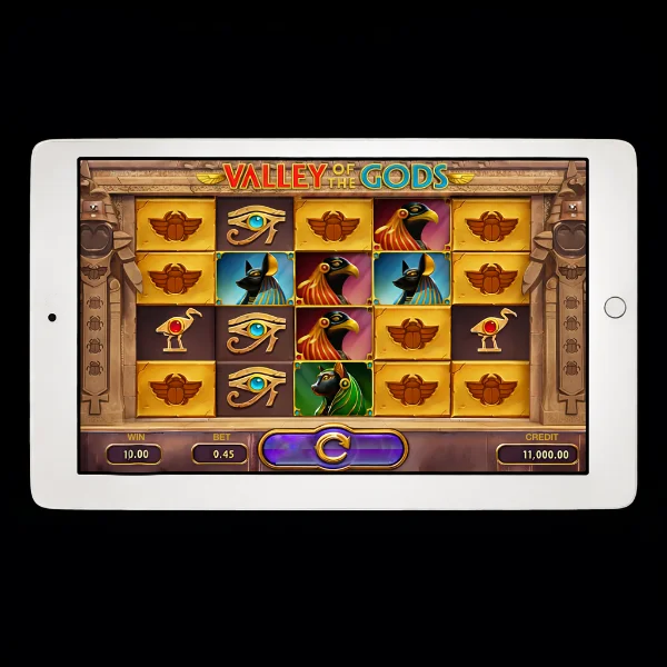 An image of a silver ipad on a black background with a VALLEY OF THE GODS image on the screen